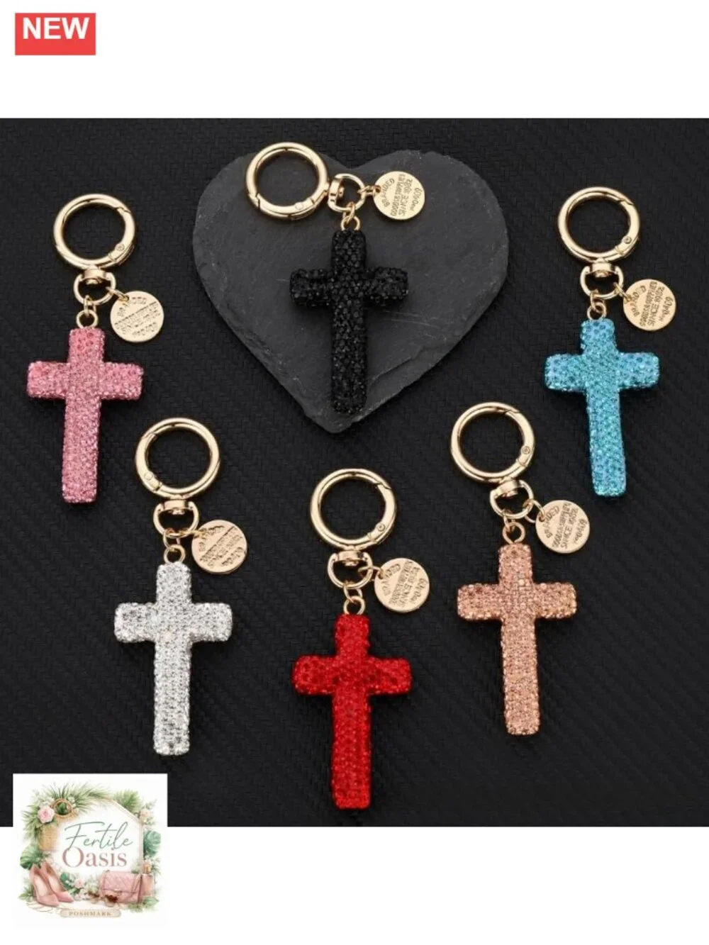 Crystal Rhinestone Cross Keychain for Handbags Purse Religious Charm